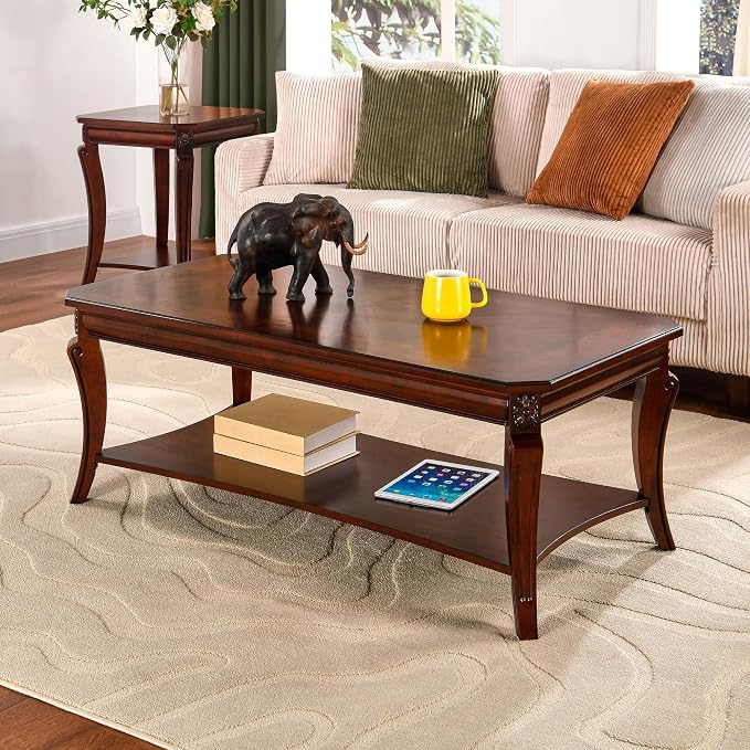 Traditional Coffee Table with Storage Shelf and Carved Leg, Farmhouse Living - Image 8
