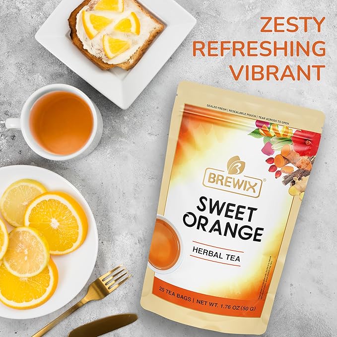 BREWIX, Sweet Orange Hibiscus Tea Bags (25 Pyramid Tea Bags) Caffeine-Free Herbal Tea | Ginger, Hibiscus, Spearmint, Rosehip, Turmeric | Supports Daily Balance & Calm | For Health & Wellbeing | Iced and Hot