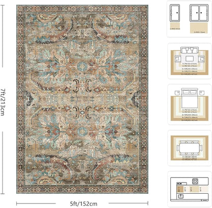 5x7 Area Rugs, Vintage Retro Soft Washable Rug, Non-Slip Low Pile Rugs - Image 2