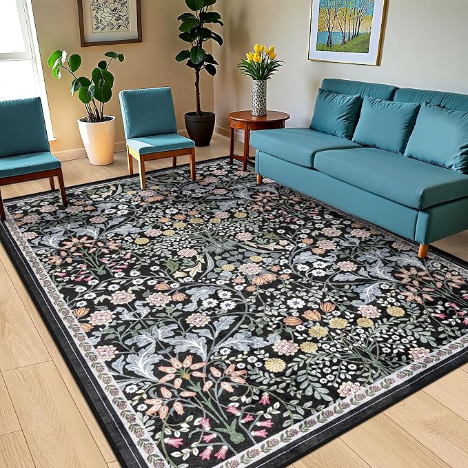 PLHXFR Area Rug 10x14 Living Room: Floral Washable Boho Carpet Dark Black | - Image 2