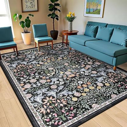 PLHXFR Area Rug 9x12 Living Room: Floral Washable Boho Carpet Dark Black | - Image 2