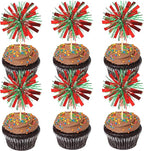 30 PCS Foil Firework Cupcake Toppers Sparkle Tinsel Cupcake Picks Happy Birthday Cake Decorations Drink Stirrers Cocktail Food Fruit Toothpicks for Baby Shower Graduation Party Supplies Red Green