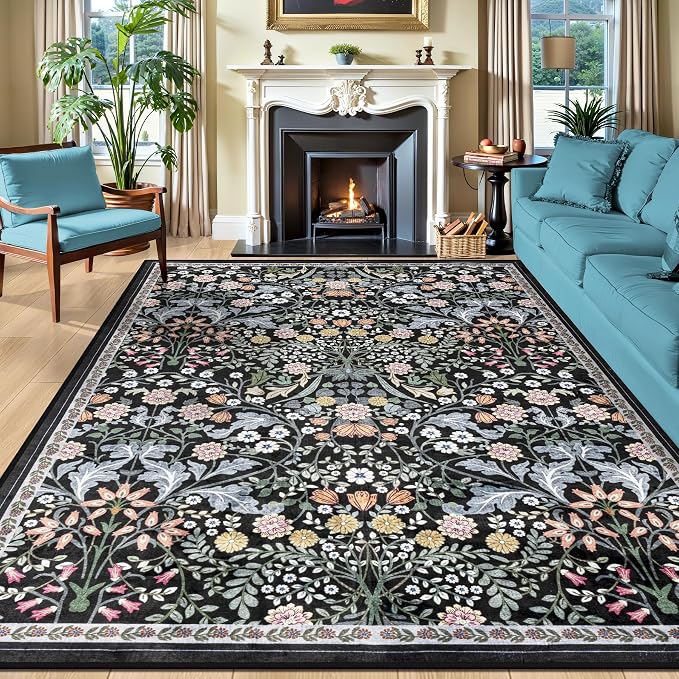 PLHXFR Area Rug 10x12 Living Room: Floral Washable Boho Carpet Dark Black | by PLHXFRSoftAreaRugs