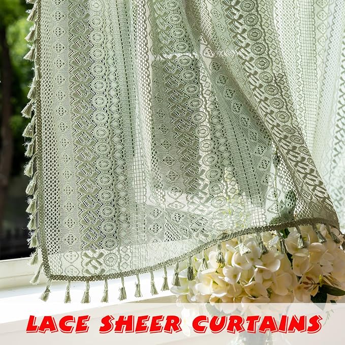 Sutuo Home Sage Green Boho Lace Short Curtains 2 Panels 50" W x 36" L | Sheer - Image 3