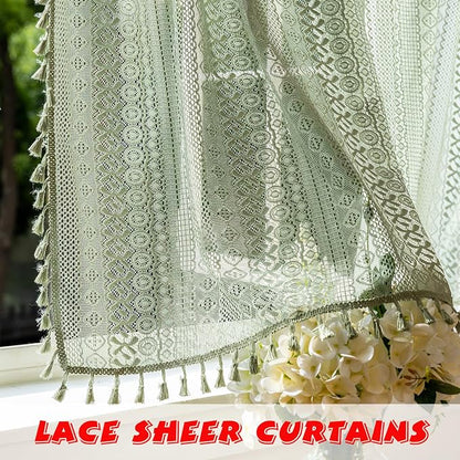 Sutuo Home Sage Green Boho Lace Short Curtains 2 Panels 50" W x 36" L | Sheer - Image 3
