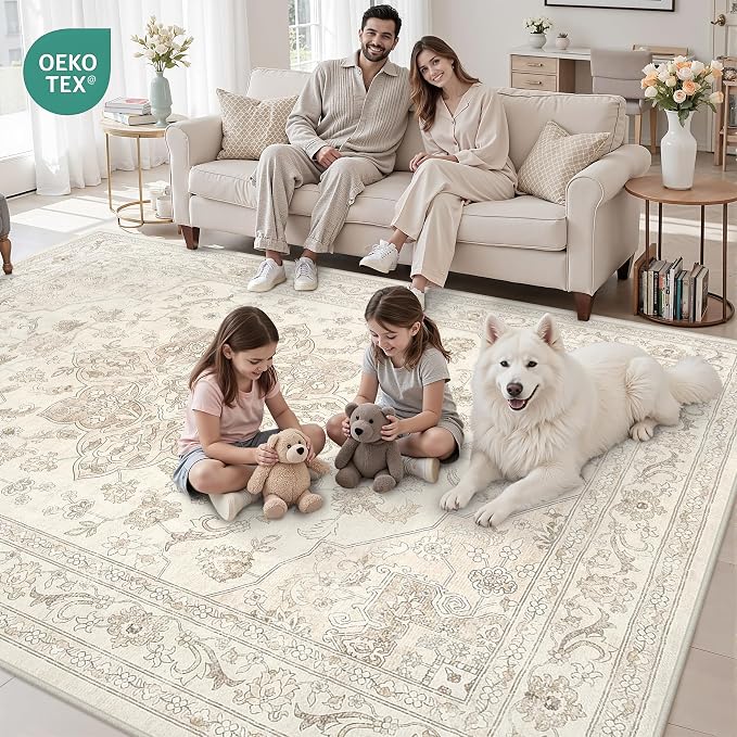5x7 Area Rugs Living Room: Bedroom Washable Carpet Beige White | Vintage Boho - Image 8