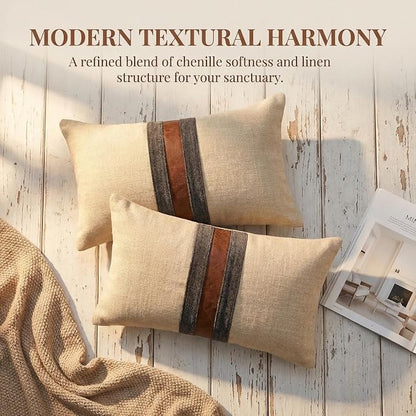 Set of 2 Leather Throw Pillow Covers Lumbar Cotton Linen Decor Patchwork Pillow - Image 7