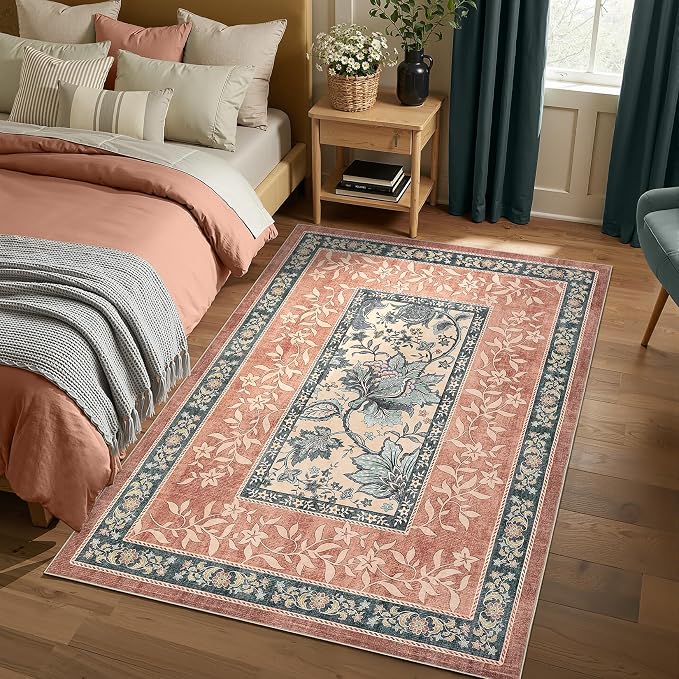 GarveeHome Terracotta Teal Washable 5x7 Area Rugs, Botanical Grove Vintage - Image 2