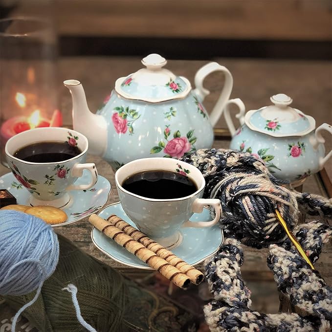 BTaT- Floral Tea Sets for Adults, 13 pcs, Service for 4, Pot (38 oz) & Cups (8 oz) with Saucers, Pastel Blue Floral Design, Porcelain Tea Set for Adult, Dishwasher Safe