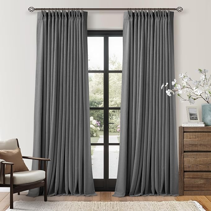 Dark Grey Pleated Thick Linen Blackout Curtains 96 Inches Long by Twodrapes