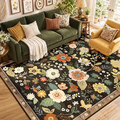 RELEANY Floral Washable 8x10 Area Rugs Black/Yellow | Flower Carpet Print Boho - Image 9
