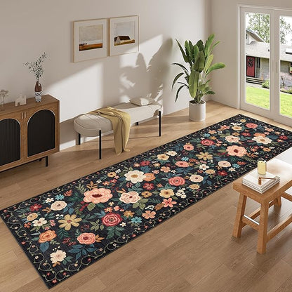 DUKINO 3x10 Runner Rug, Floral Washable Kitchen Runner Rug Non Slip, Low Pile - Image 3