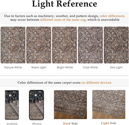 5x7 Brown Blue Vintage Floral Washable Area Rug - Image 9