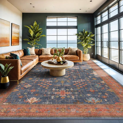Boho Navy Blue 10x12 Area Rug for Living Room, Extra Large Dining Room Rugs for by HazoHaus