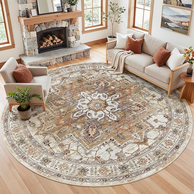 Madane Washable 8ft Circle Round Rug, 8x8 Circular Area Rugs, Turmeric/Grey | - Image 2