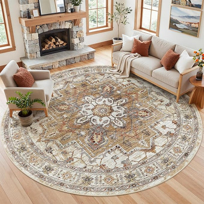Madane Washable 8ft Circle Round Rug, 8x8 Circular Area Rugs, Turmeric/Grey | - Image 2