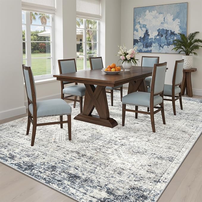Soalmost 7x9 Area Rug for Living Room Washable Rugs Non-Slip Blue/Ivory | - Image 3