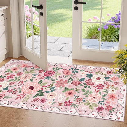 DUKINO 2x4 Entryway Rug, Floral Washable Kitchen Rugs Non Slip, Soft Indoor by DUKINO