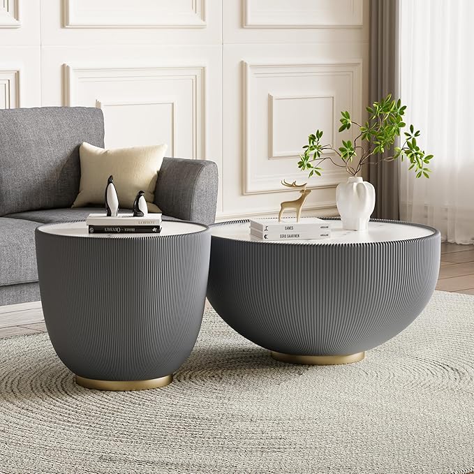 SSLine Bowl-Shape Coffee Table Set of 2 Modern Sintered Stone Top Nesting - Image 3