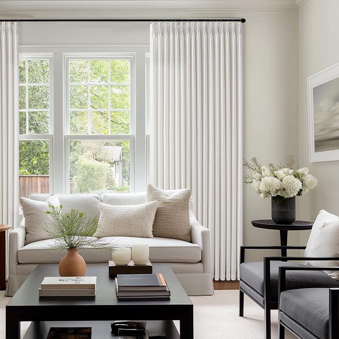 Beige White 98 Inch Pleated Linen Memory Trained Semi Sheer Curtains 50W | - Image 8