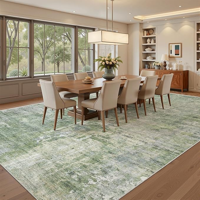 Soalmost Abstract Rug 8x12 Large Living Room Area Rugs Washable Green/Ivory | - Image 4