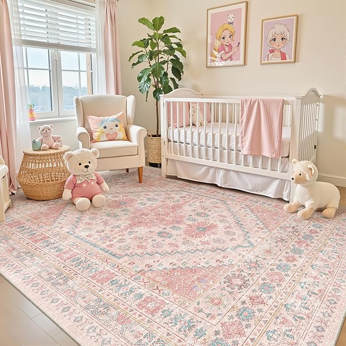Pink Rugs for Bedroom-6x9 Area Rugs for Living Room, Girls Room | Washable Rugs - Image 4