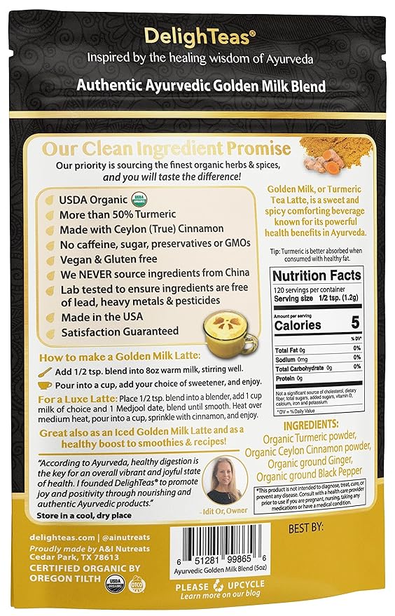 DelighTeas Organic Golden Milk Powder with Turmeric, Ginger, Ceylon Cinnamon | Ayurvedic Spices for Golden Turmeric Latte | Unsweetened, Vegan, Non-GMO, Keto | 120 Servings, 5 oz.