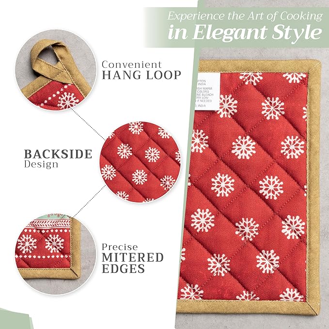 Maison d' Hermine 100% Cotton Oven Mitt & Pot Holder Set (7.5"x13" & 8"x8") Heat Resistant BBQ Cooking Gloves with Loop, Baking, Grilling, Kitchen, Handling Hot Pans (Sofia)