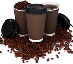 Promora Brown Disposable Coffee Cups With Lids 16 oz, Premium Insulated Paper Ripple Cups for Hot Coffee (80 Pack)