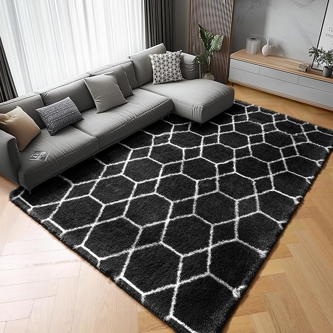 Area Rugs for Living Room, 7x10 Fluffy Black and White Modern Bedroom Rug | - Image 6