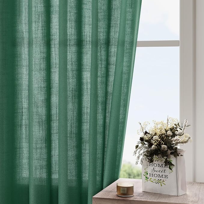 Dark Green Linen Curtains for Living Room 63 Inches Long 2 Panel Set Light - Image 4