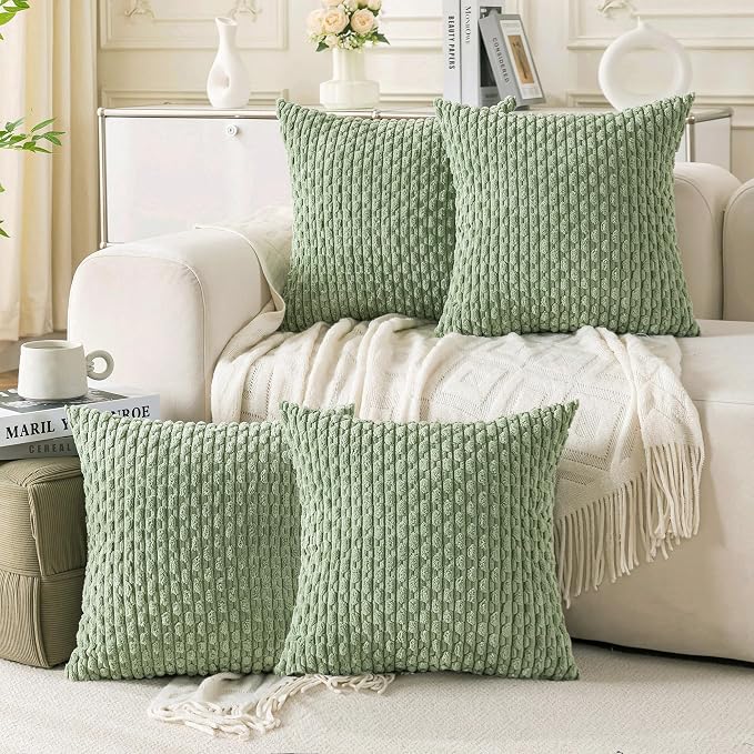 Set of 4 Sage Green Decorative Throw Pillow Covers 22x22 Inch Corduroy Pillow by Cozoomy