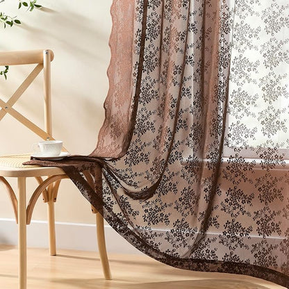 YJ YANJUN Vintage Lace Curtains 63 Inch Length-Victorian Floral Brown Sheer - Image 4