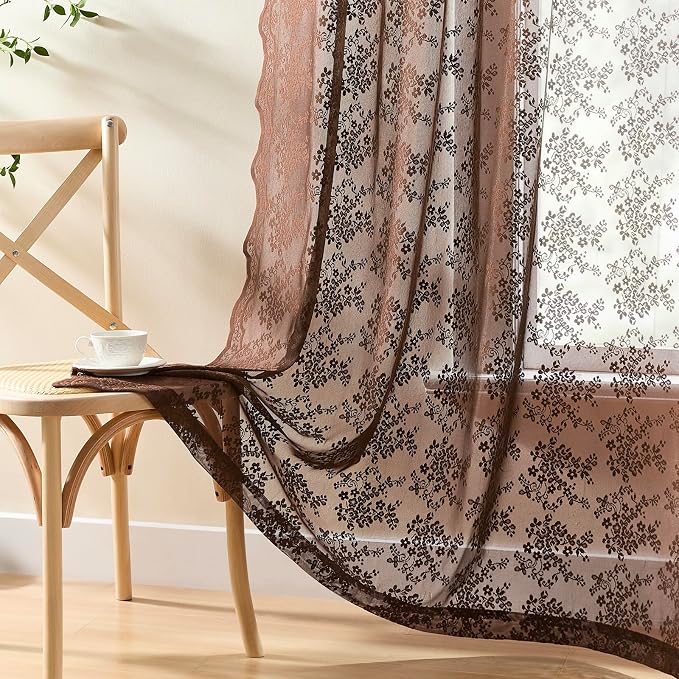 YJ YANJUN Vintage Lace Curtains 84 Inches Long-Victorian Floral Boho Brown - Image 4