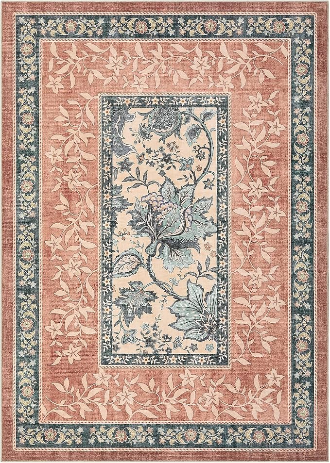 GarveeHome Terracotta Teal Washable 5x7 Area Rugs, Botanical Grove Vintage - Image 8