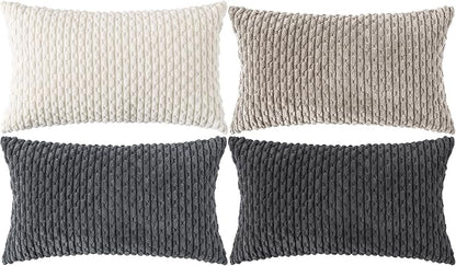 Set of 4 Grey White Taupe Decorative Throw Pillow Covers 12x20 Inch Corduroy by Cozoomy