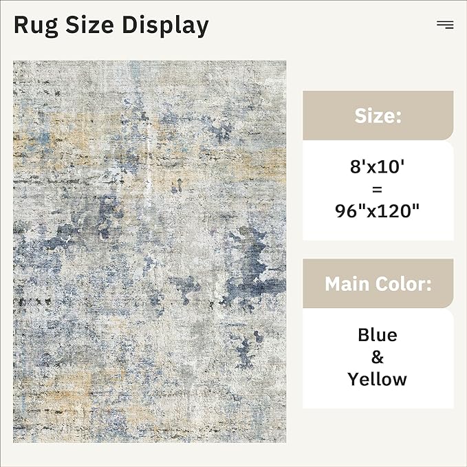 Soalmost Abstract Rug 8x10 Large Living Room Area Rugs Washable Blue/Yellow | - Image 5