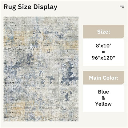 Soalmost Abstract Rug 8x10 Large Living Room Area Rugs Washable Blue/Yellow | - Image 5