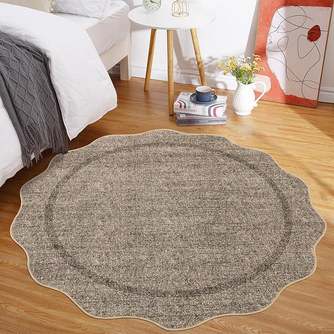 GarveeHome Scalloped Washable Round Rugs, Non-Slip Soft Round Rug 4ft Brown | - Image 7