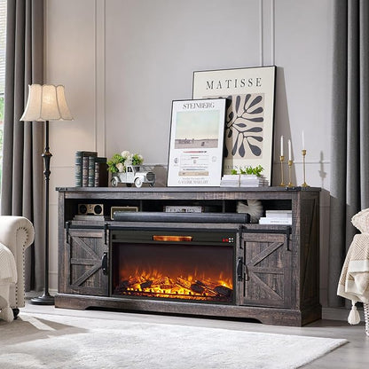 OKD Fireplace TV Stand for 80 Inch TV, Rustic Media Console w/Sliding Barn Door - Image 7
