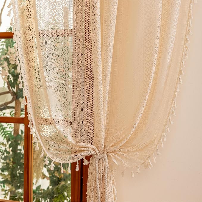 Sutuo Home Beige Boho Vintage Lace Curtains 108 inches Long - Image 7