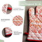 Maison d' Hermine 100% Cotton Oven Mitt & Pot Holder Set (7.5"x13" & 8"x8") Heat Resistant BBQ Cooking Gloves with Loop, Baking, Grilling, Kitchen, Handling Hot Pans (Orient)