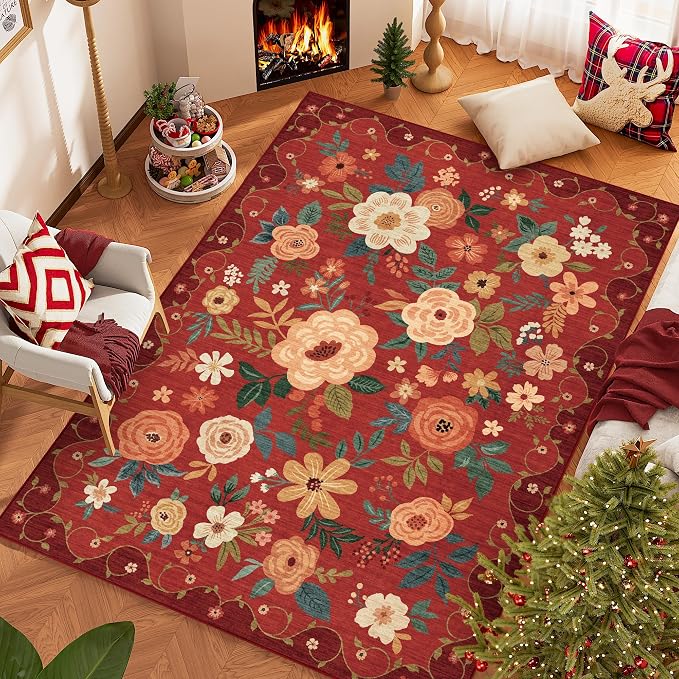 DUKINO 8x10 Area Rugs, Floral Washable Living Room Rug Non Slip, Stain Resistant - Image 3