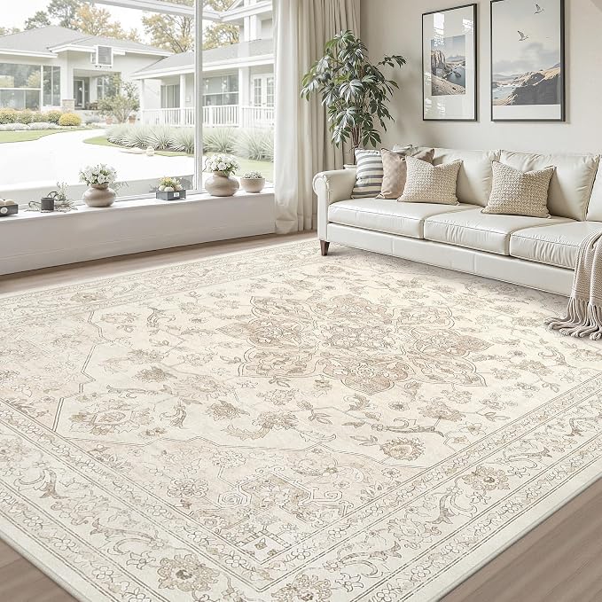 Area Rugs 9x12 Living Room: Bedroom Washable Carpet Beige White | Vintage Boho - Image 9