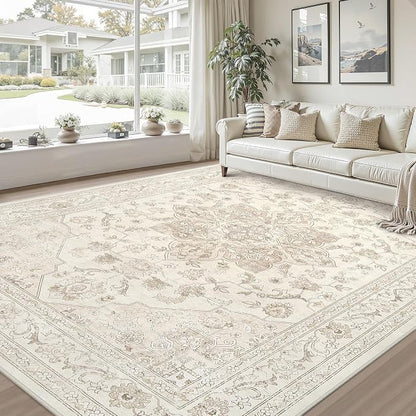 10x12 Area Rugs Living Room: Bedroom Washable Carpet Beige White | Vintage Boho - Image 9