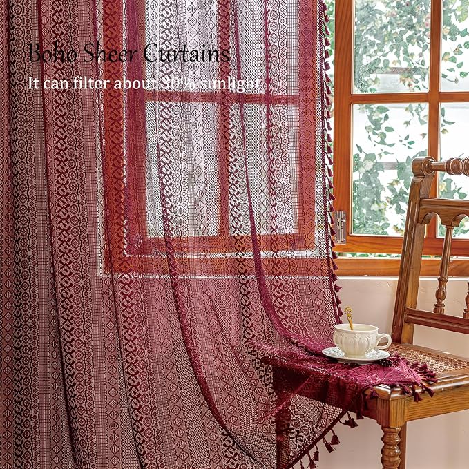 Sutuo Home Burgundy Boho Lace Curtains 72 inch Lengh - Image 2