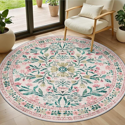 PLHXFR Round Area Rug Living Room: 4 ft Floral Washable Carpet Pink Green | by PLHXFRSoftAreaRugs