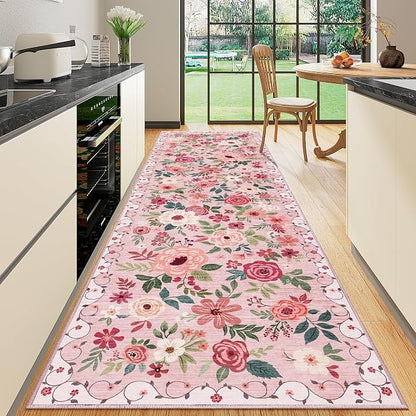DUKINO 3x10 Runner Rug, Floral Washable Kitchen Runner Rug Non Slip, Low Pile by DUKINO