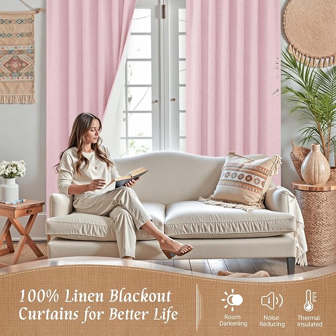 Pink 100% Blackout Linen Curtains 84 Inch - Image 2