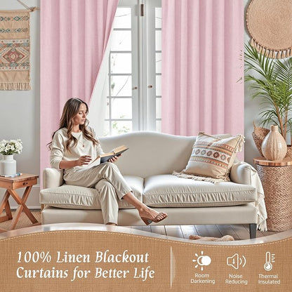 100% Blackout Pink Linen Curtains 63 Inches - Image 2